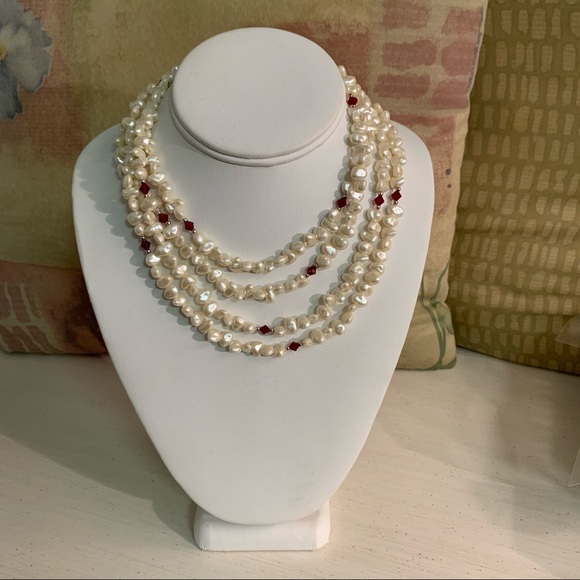 Swarovski Jewelry - Freshwater Pearls & Red Swarovski Crystal Necklace